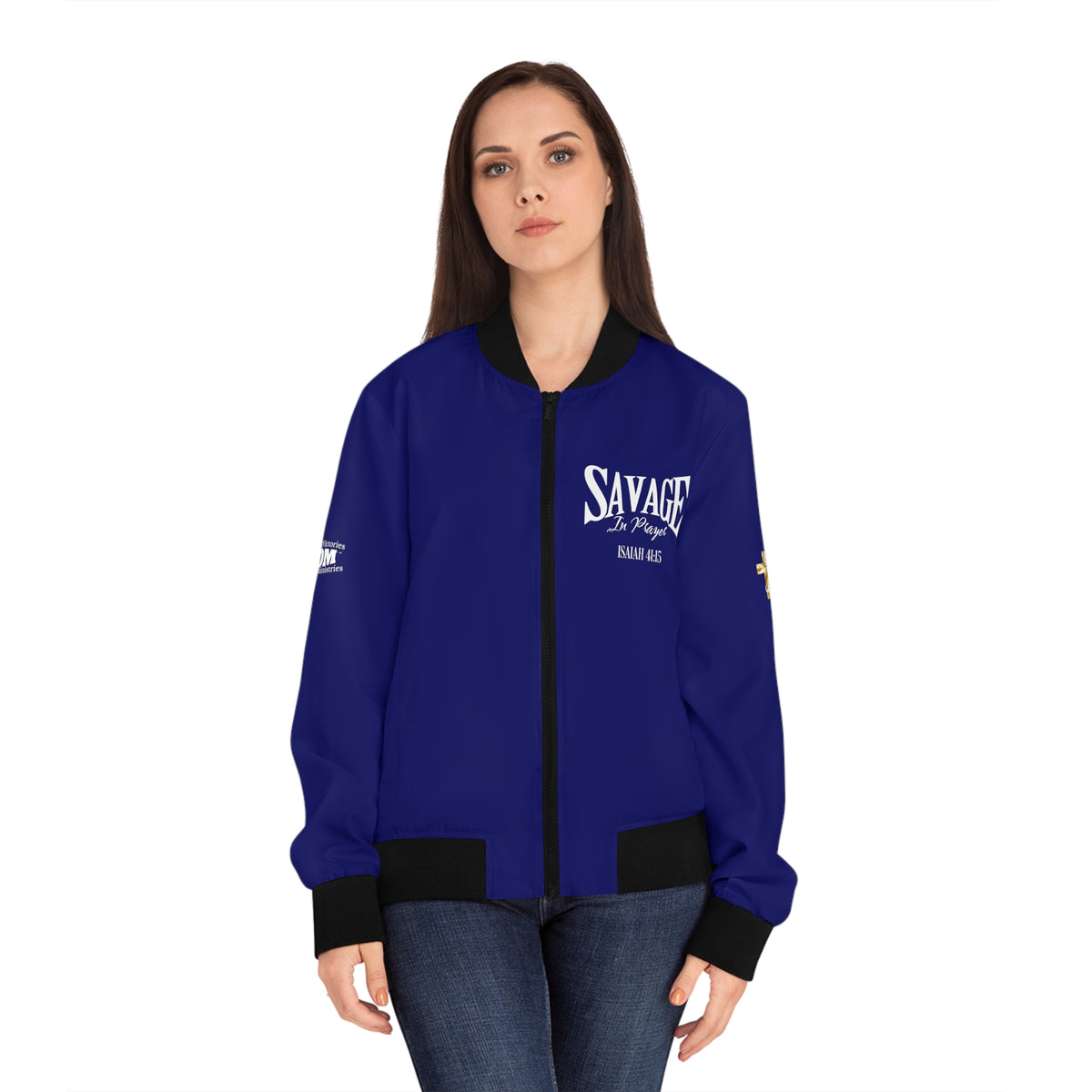 Savage in Prayer Women's Bomber Jacket, Blue Royale