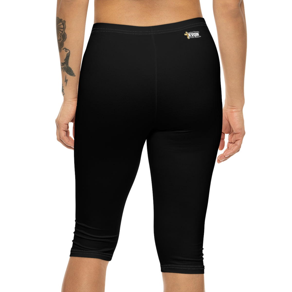 Women’s Mid-Length Leggings, Black, White KVOM Logo