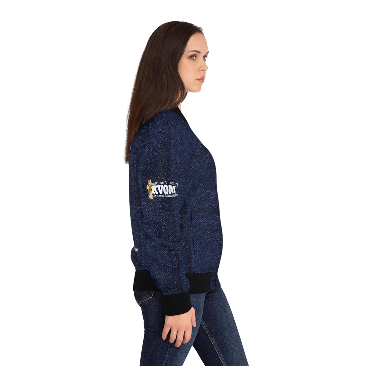 Savage in Prayer Women's Bomber Jacket, Indigo Denim