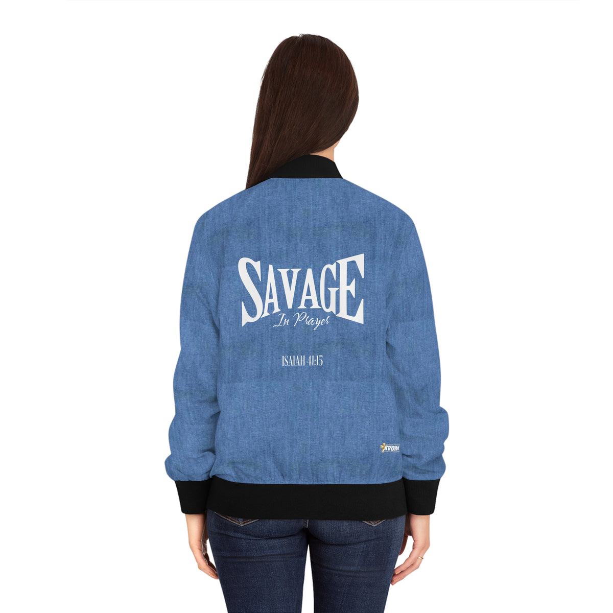 Savage in Prayer Women's Bomber Jacket, Mid Blue Denim