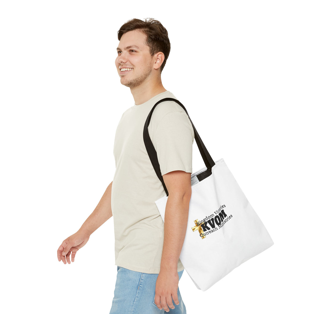 KVOM Logo Tote Bag, White, Black Logo