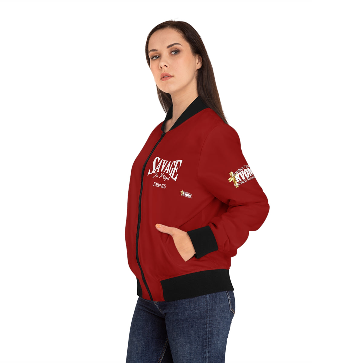 Savage in Prayer Women's Bomber Jacket, Blood Red