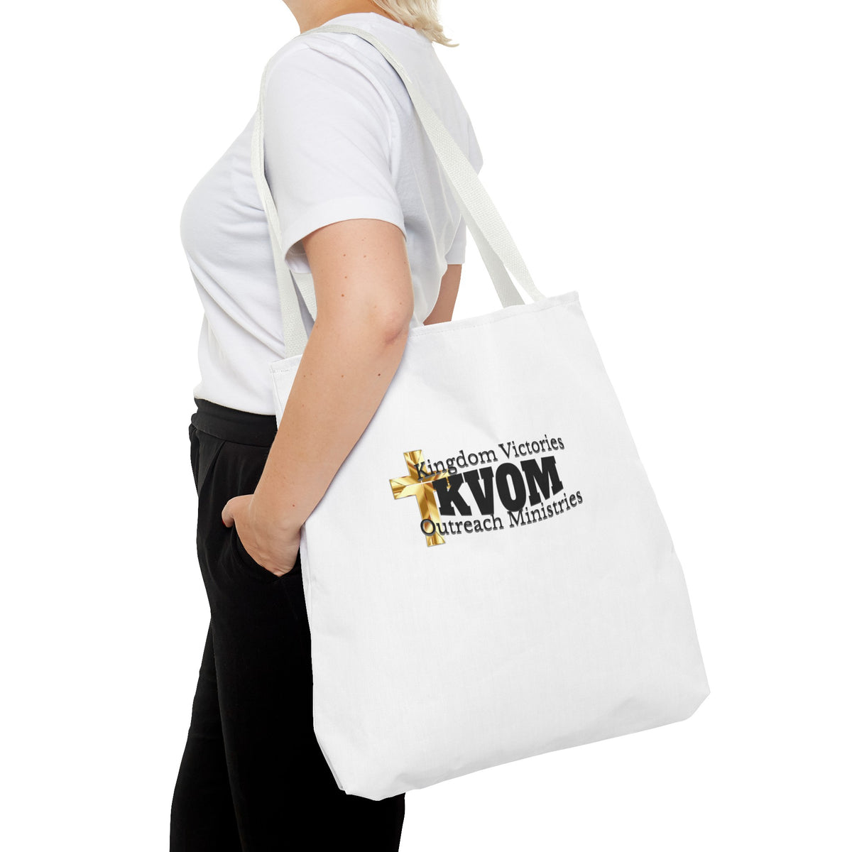 KVOM Logo Tote Bag, White, Black Logo