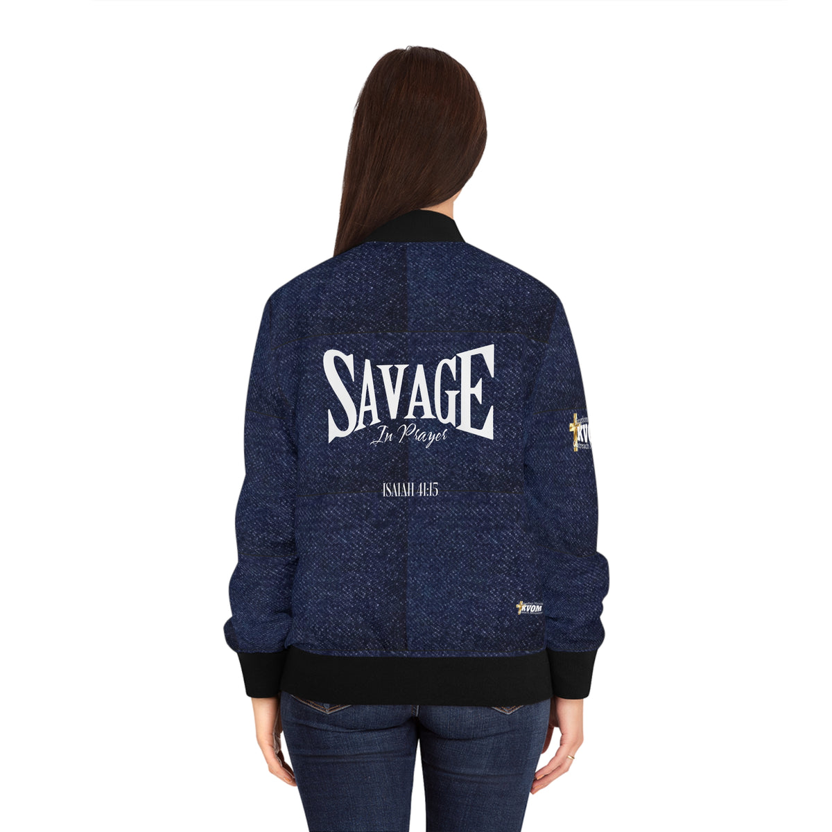 Savage in Prayer Women's Bomber Jacket, Indigo Denim