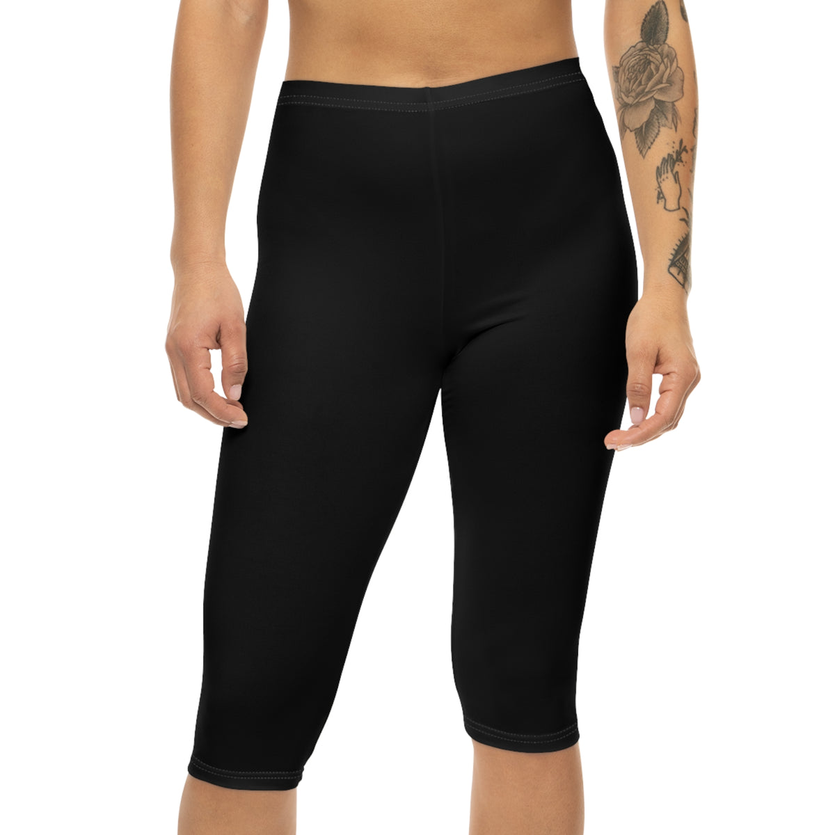 Women’s Mid-Length Leggings, Black, Maroon KVOM Logo