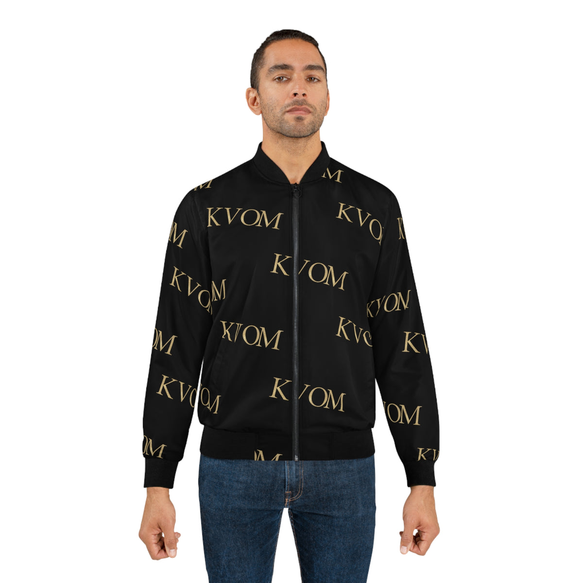 KVOM Logo Slant Unisex Bomber Jacket, Blk & Gold