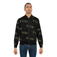 KVOM Logo Slant Unisex Bomber Jacket, Blk & Gold