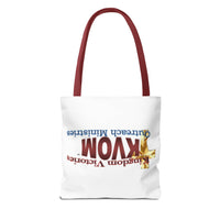 KVOM Logo Tote Bag, White, Maroon Logo