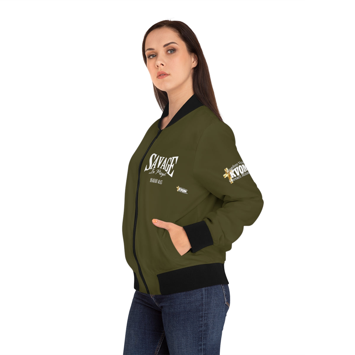 Savage in Prayer Women's Bomber Jacket, Militant Green