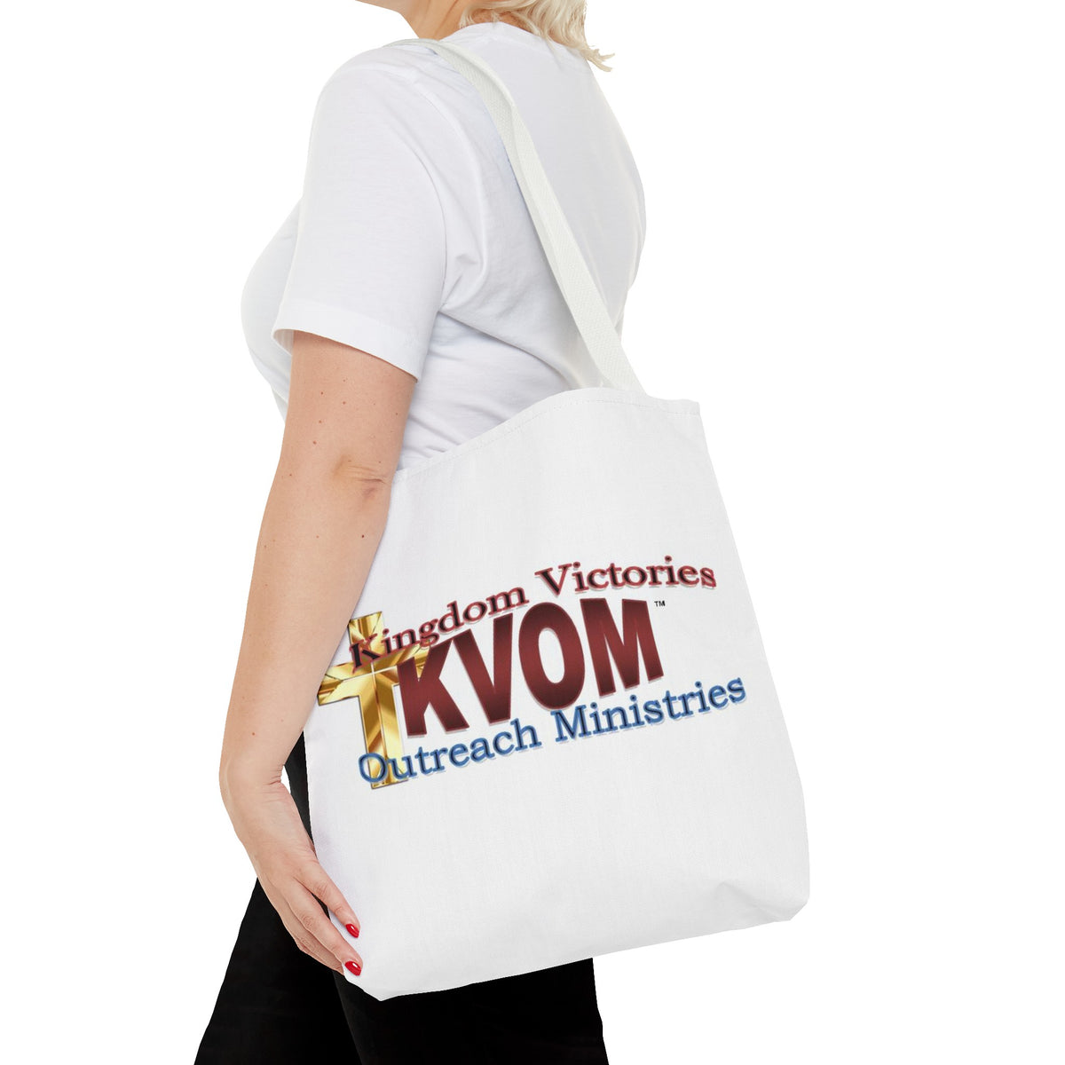 KVOM Logo Tote Bag, White, Maroon Logo