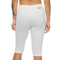 Women’s Mid-Length Leggings, White, Yellow Gold KVOM Logo