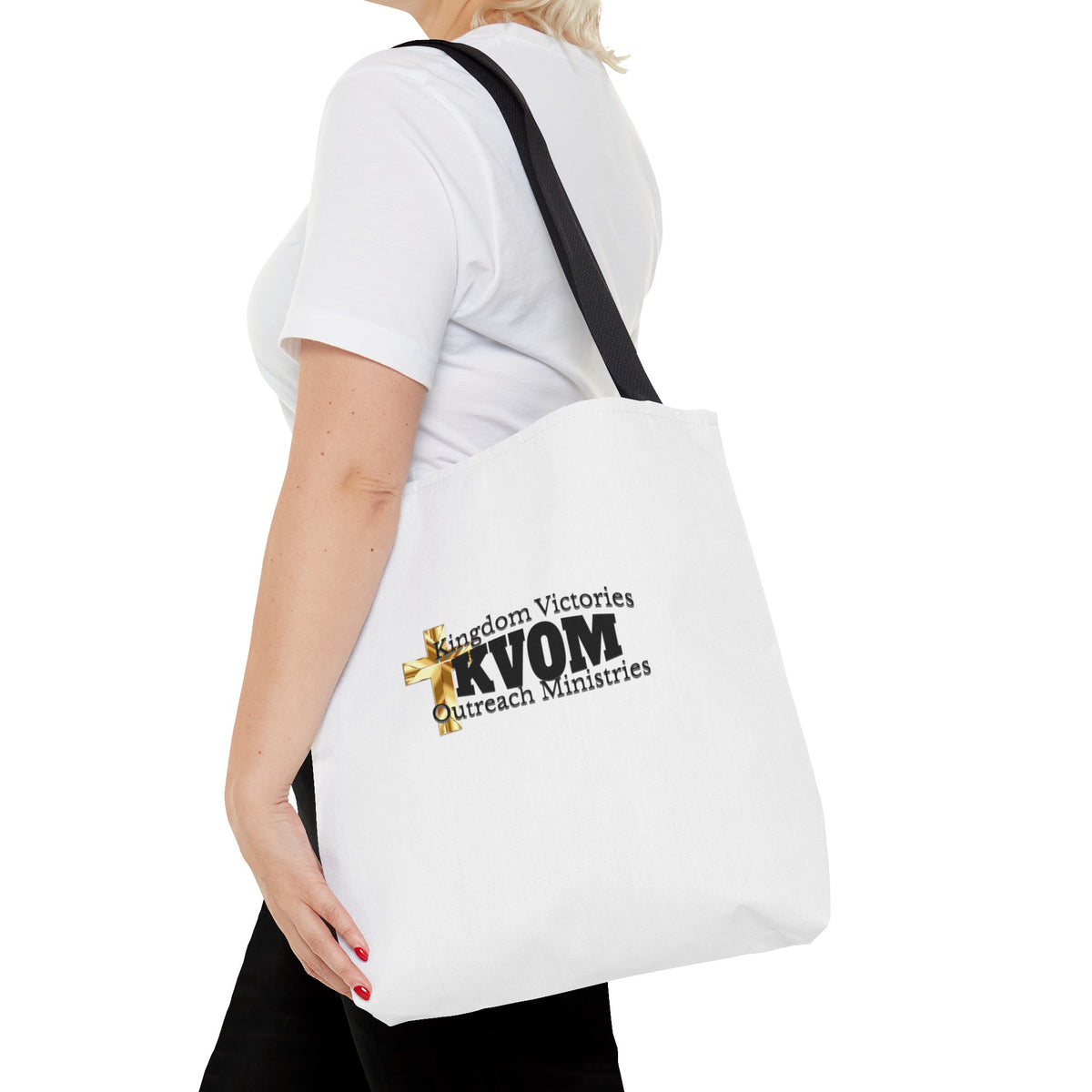 KVOM Logo Tote Bag, White, Black Logo