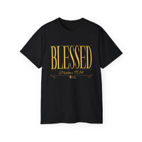 BLESSED "Stretched" T-Shirt Black, White, Gold Print