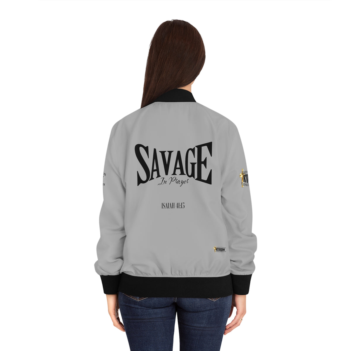 Savage in Prayer Women's Bomber Jacket, Silver