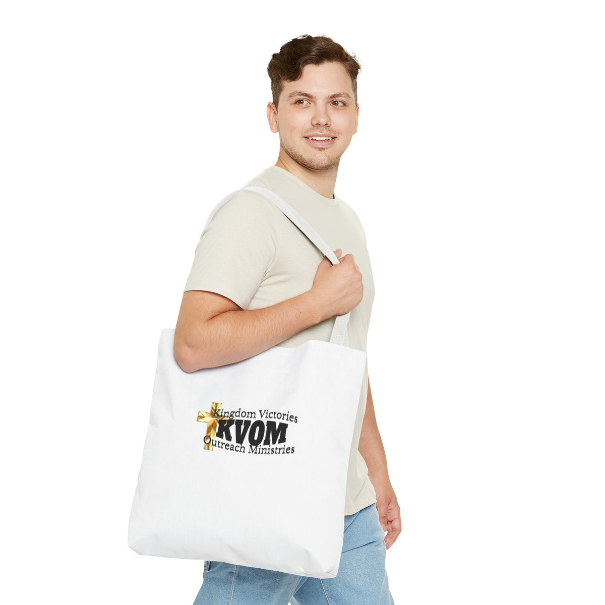 KVOM Logo Tote Bag, White, Black Logo