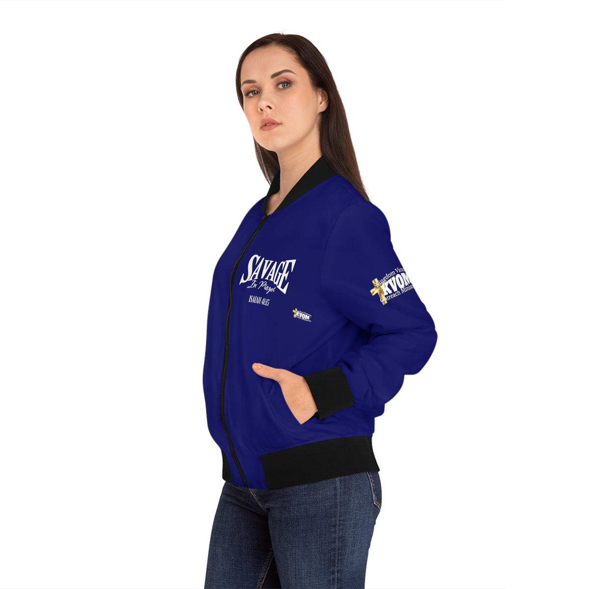 Savage in Prayer Women's Bomber Jacket, Blue Royale