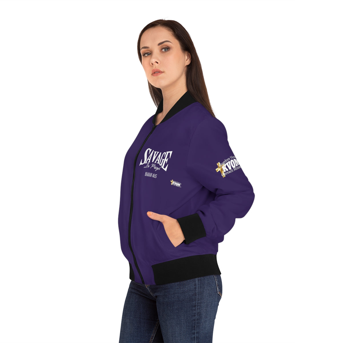 Savage in Prayer Women's Bomber Jacket, Eggplant