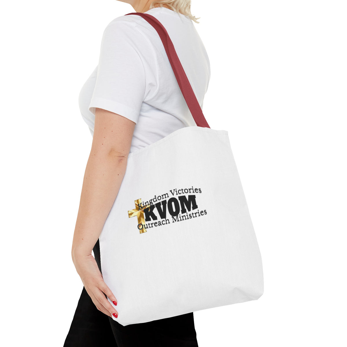 KVOM Logo Tote Bag, White, Black Logo