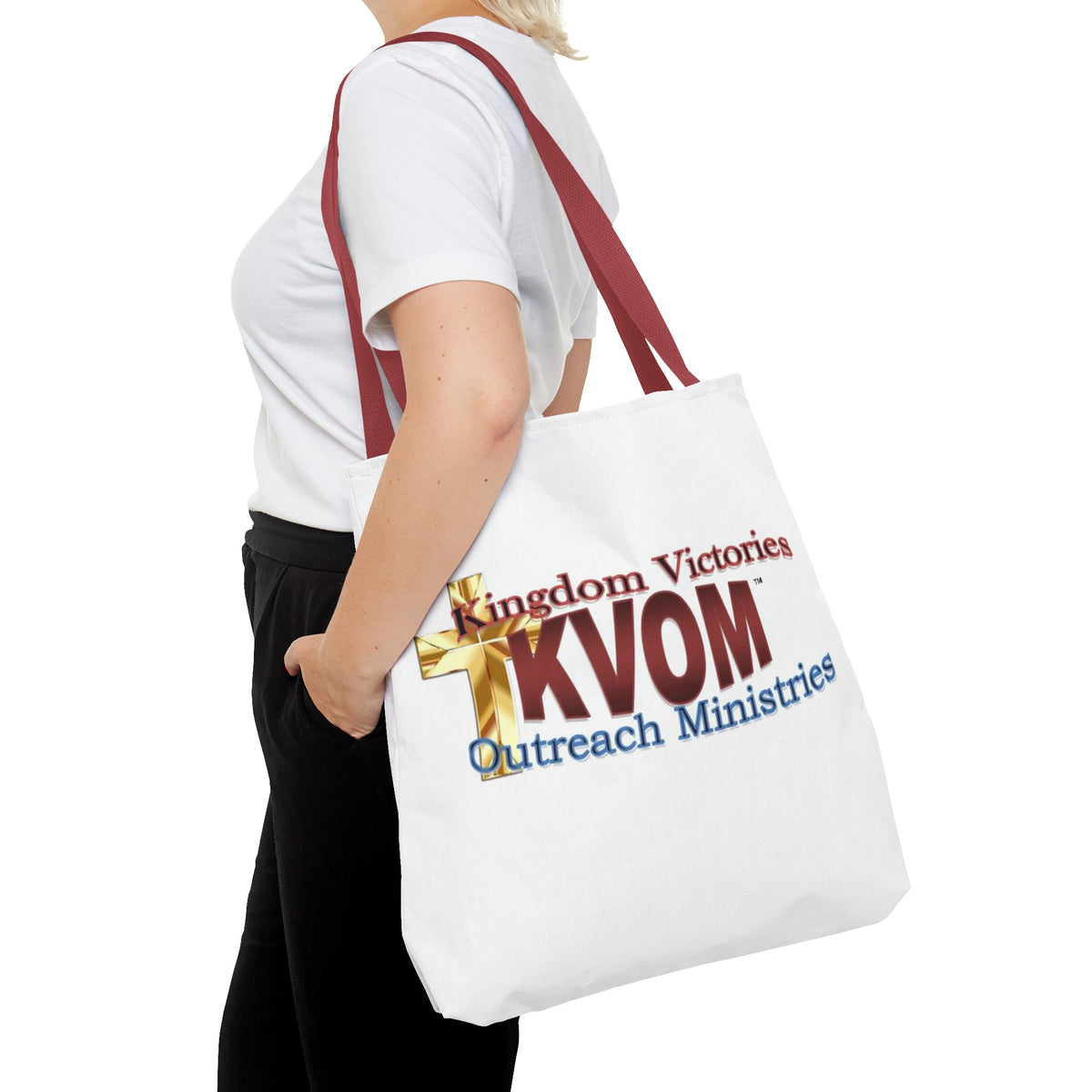 KVOM Logo Tote Bag, White, Maroon Logo