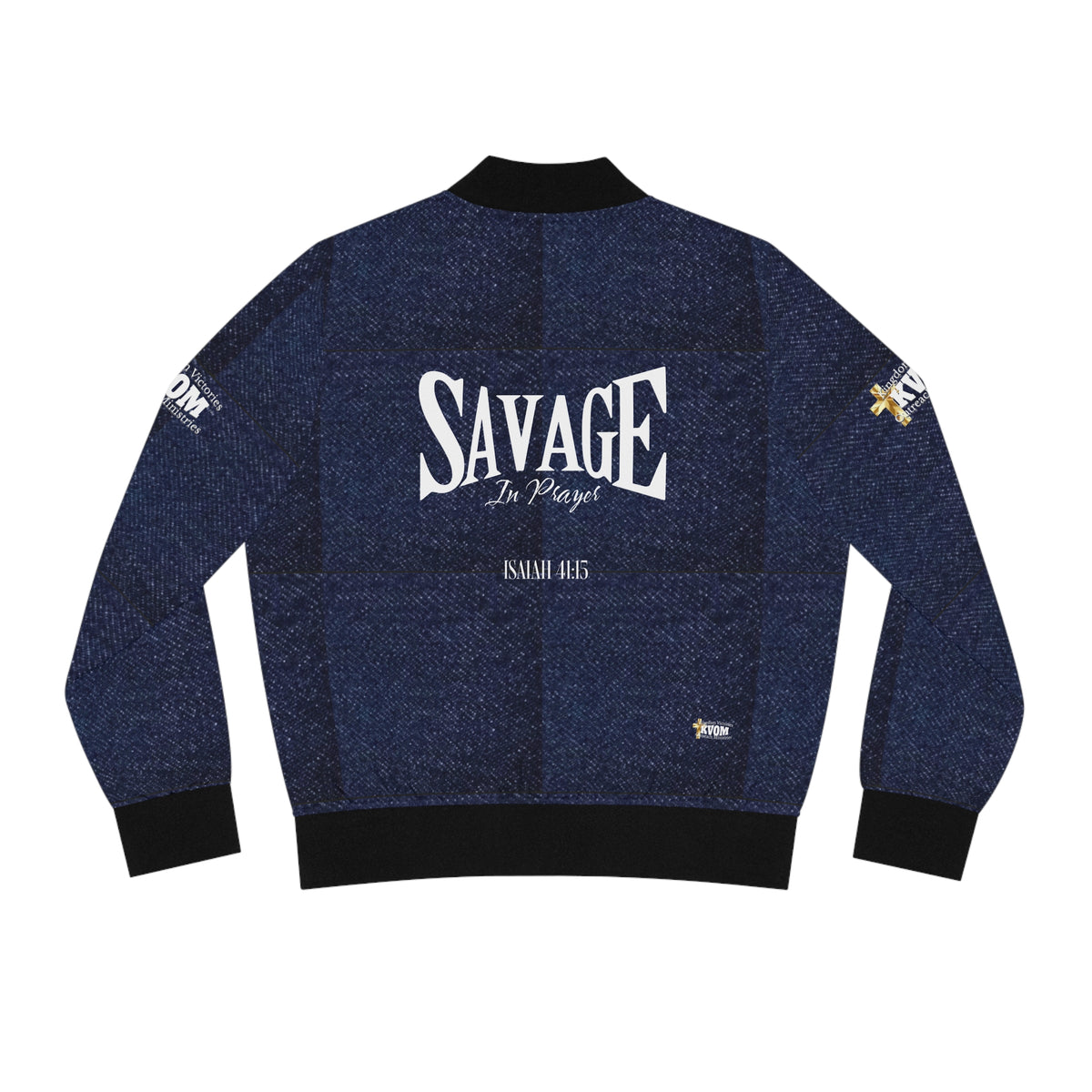 Savage in Prayer Women's Bomber Jacket, Indigo Denim