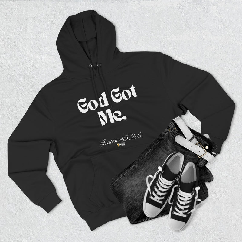 God Got Me Three-Panel Fleece Hoodie, White Print