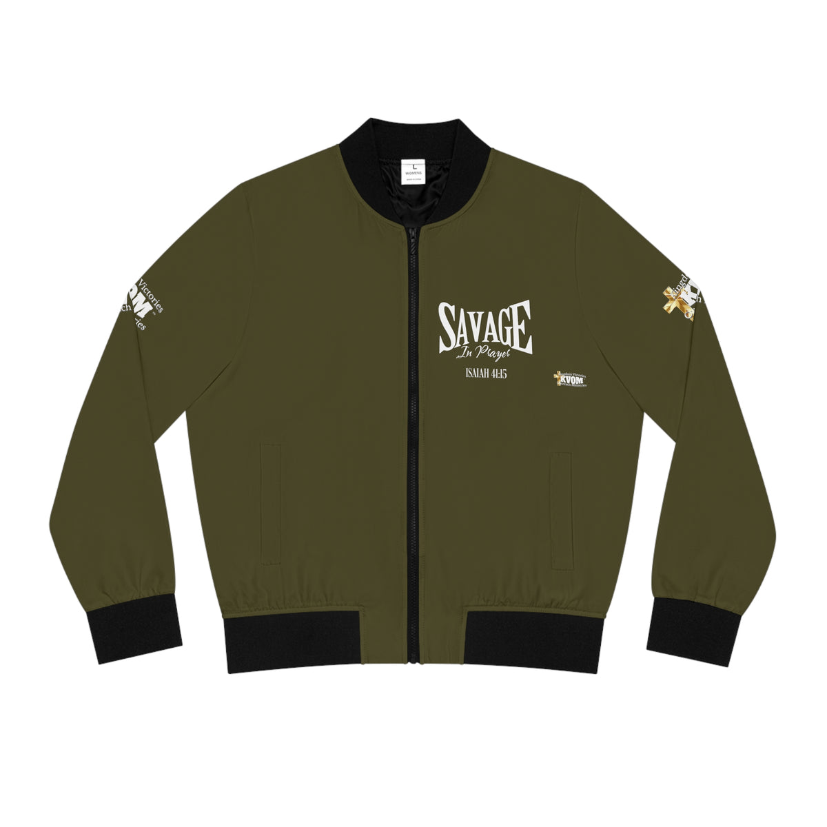 Savage in Prayer Women's Bomber Jacket, Militant Green