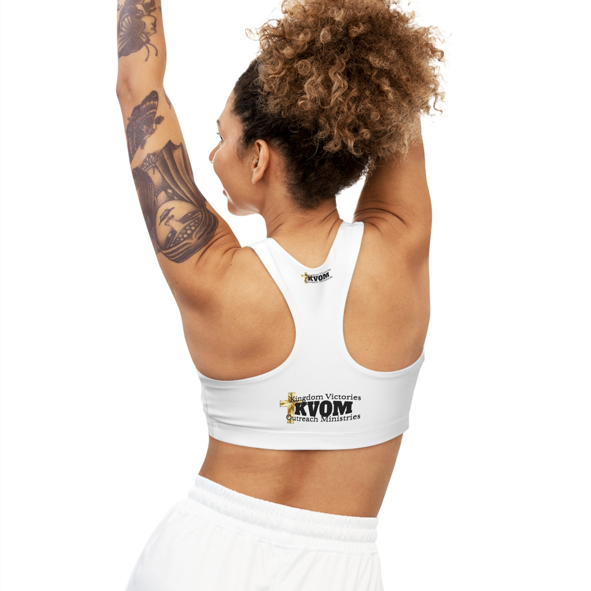 KVOM Side Logo Seamless Sports Bra, White, Black Logo