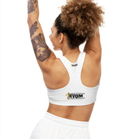 KVOM Side Logo Seamless Sports Bra, White, Black Logo