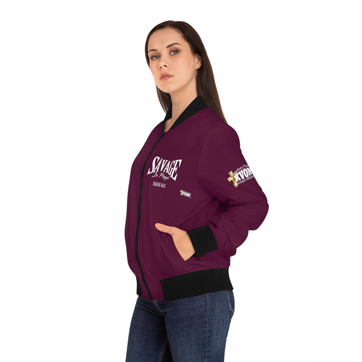 Savage in Prayer Women's Bomber Jacket, Maroon