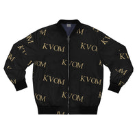 KVOM Logo Slant Unisex Bomber Jacket, Blk & Gold