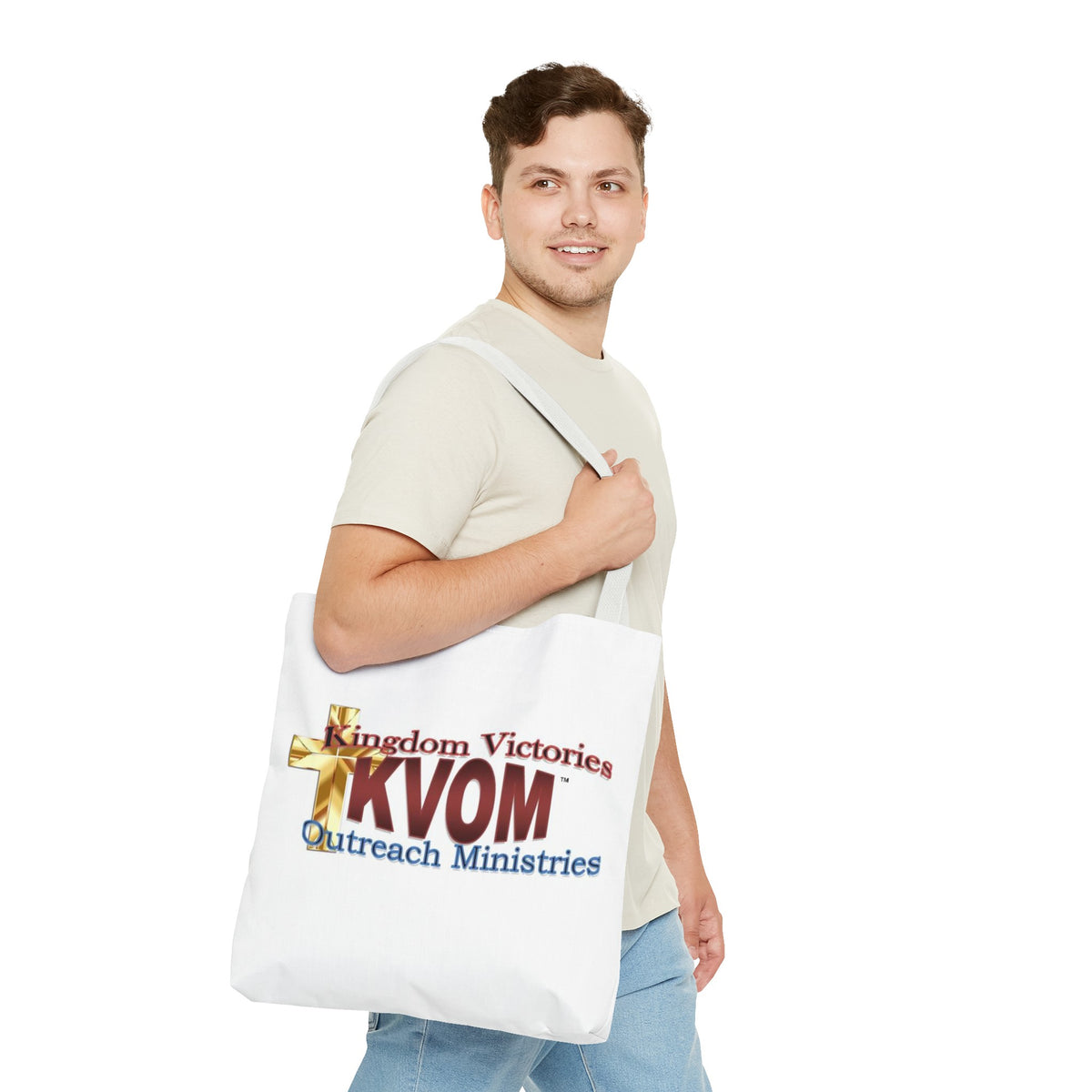 KVOM Logo Tote Bag, White, Maroon Logo