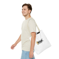 KVOM Logo Tote Bag, White, Black Logo