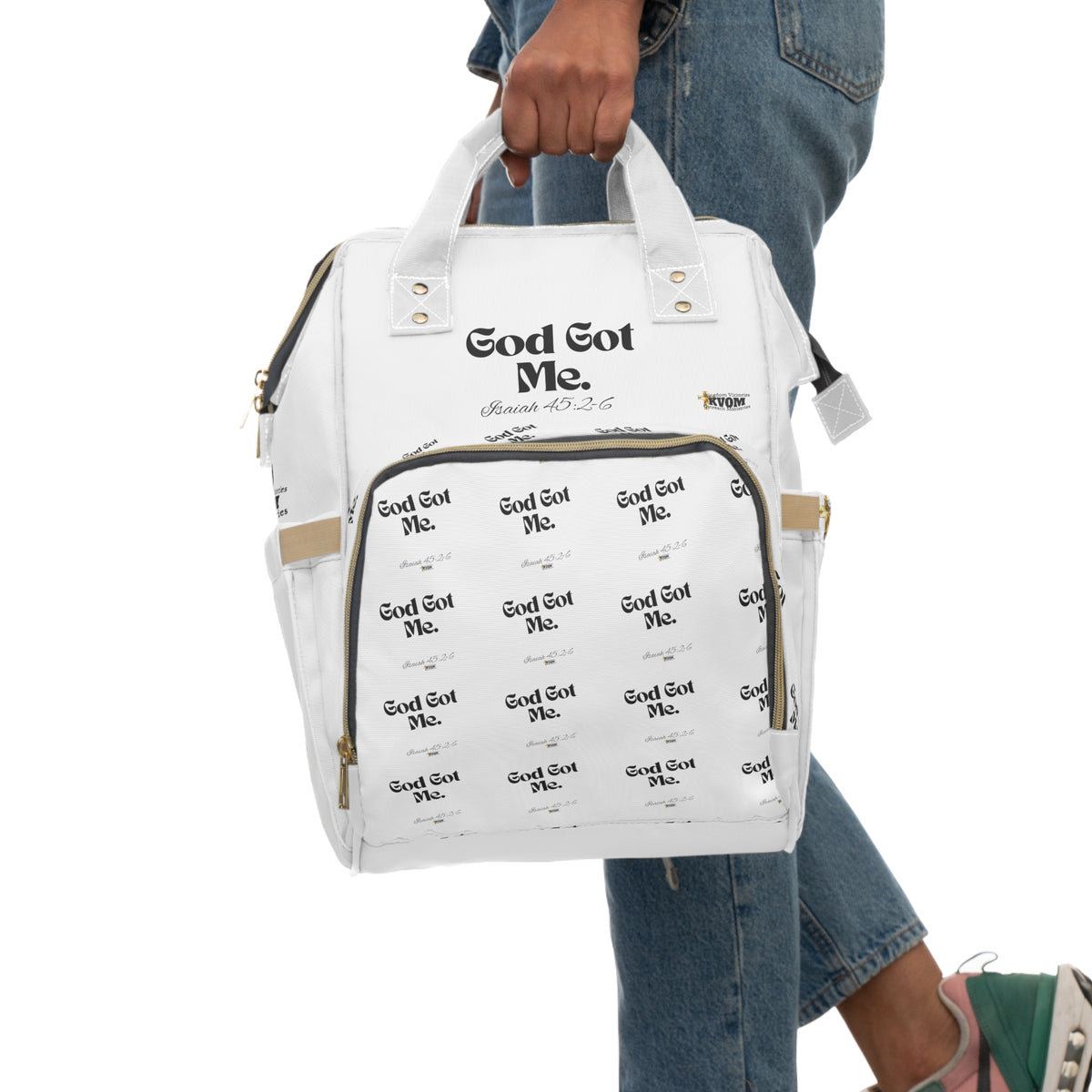 God Got Me KVOM Diaper Backpack, White