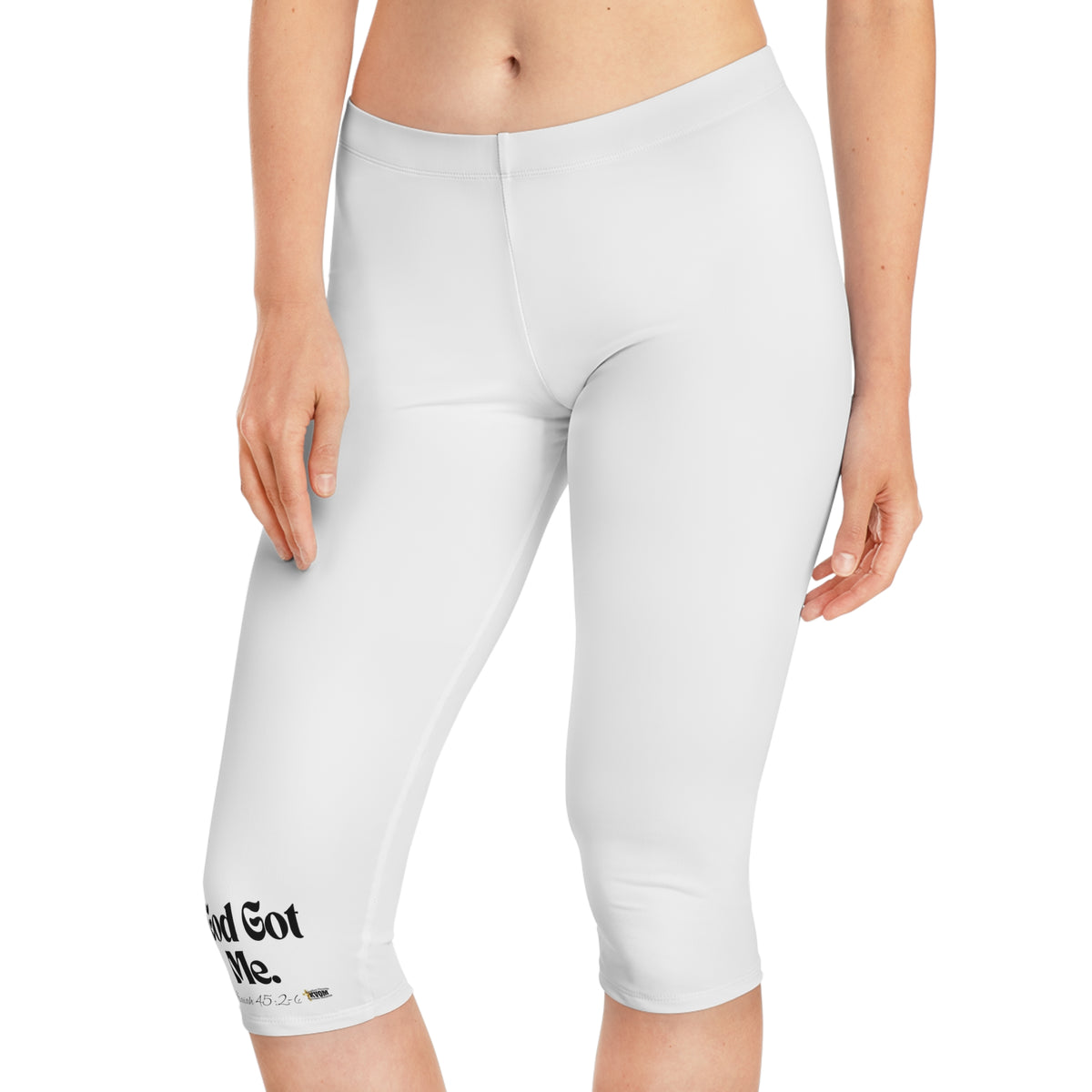 God Got Me Women's Mid-Length Leggings, White, Black Logo