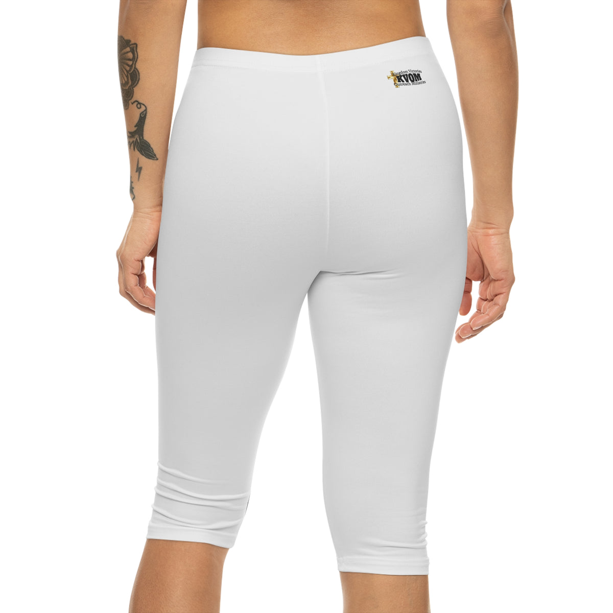 Women’s Mid-Length Leggings, White, Black KVOM Logo