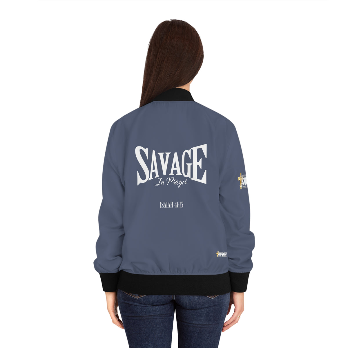 Savage in Prayer Women's Bomber Jacket, Indigo