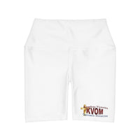 KVOM Logo High Waisted Activewear Shorts, White, Moses Temple Colored Logo