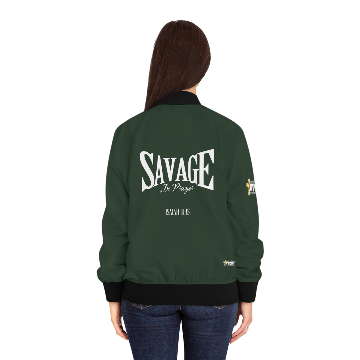 Savage in Prayer Women's Bomber Jacket, Forest Green