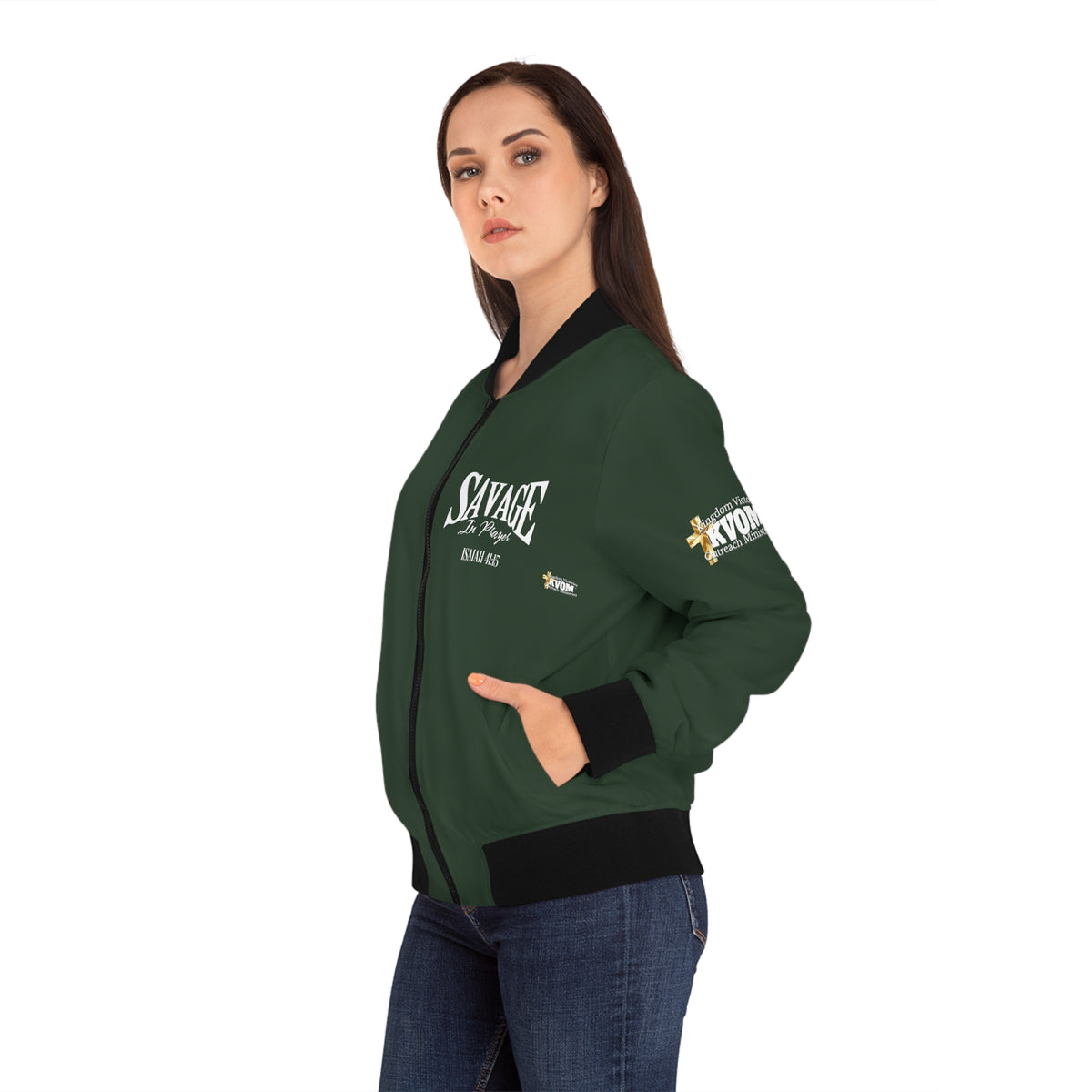 Savage in Prayer Women's Bomber Jacket, Forest Green