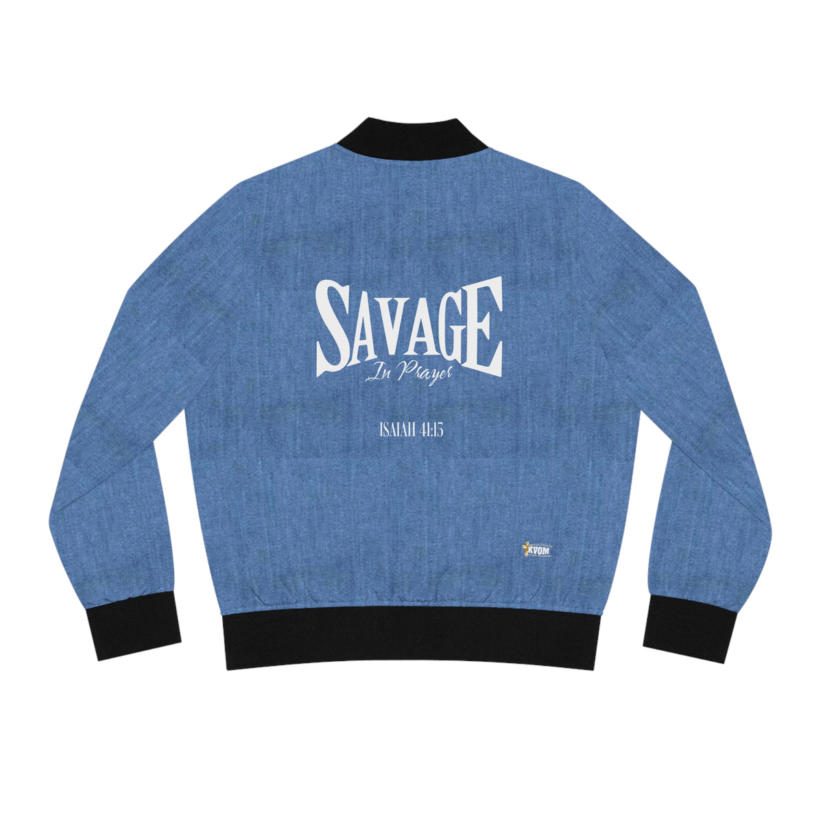 Savage in Prayer Women's Bomber Jacket, Mid Blue Denim