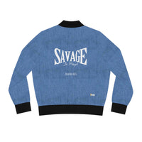 Savage in Prayer Women's Bomber Jacket, Mid Blue Denim