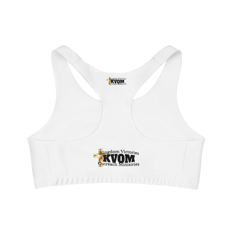 KVOM Side Logo Seamless Sports Bra, White, Black Logo