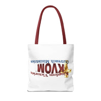 KVOM Logo Tote Bag, White, Maroon Logo