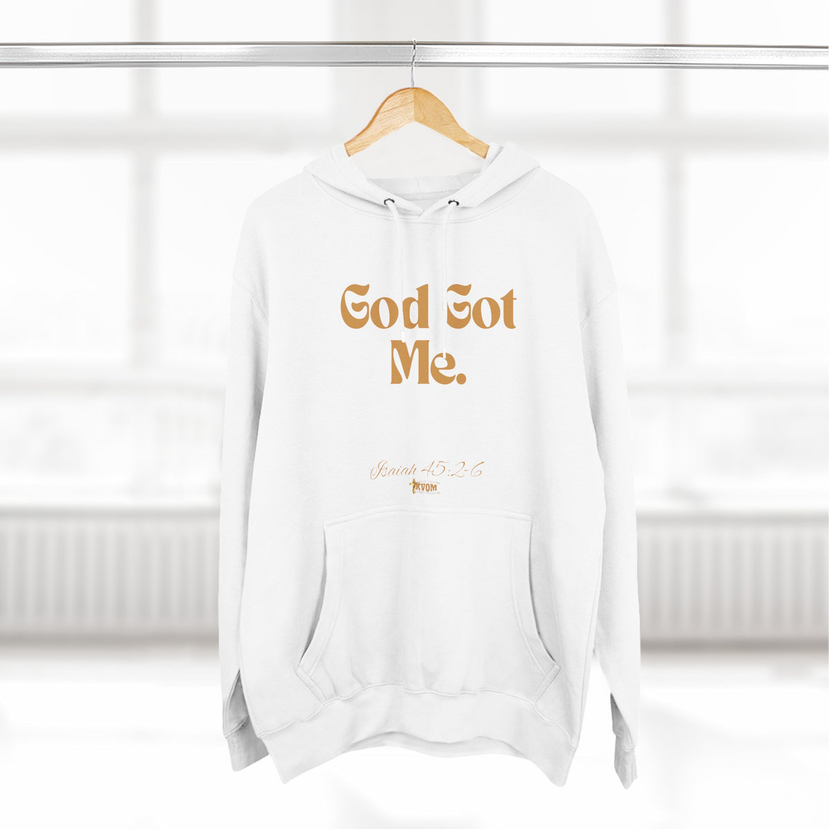 God Got Me Three-Panel Fleece Hoodie: Black, White, Gold Print