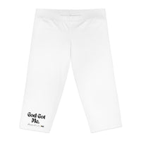 God Got Me Women's Mid-Length Leggings, White, Black Logo