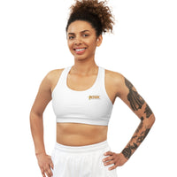 KVOM Side Logo Seamless Sports Bra, White & True Gold