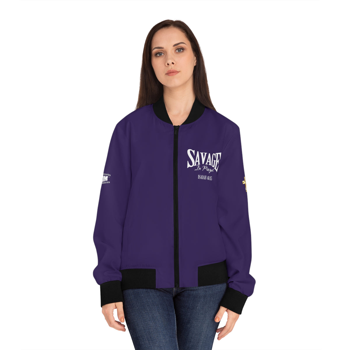 Savage in Prayer Women's Bomber Jacket, Eggplant