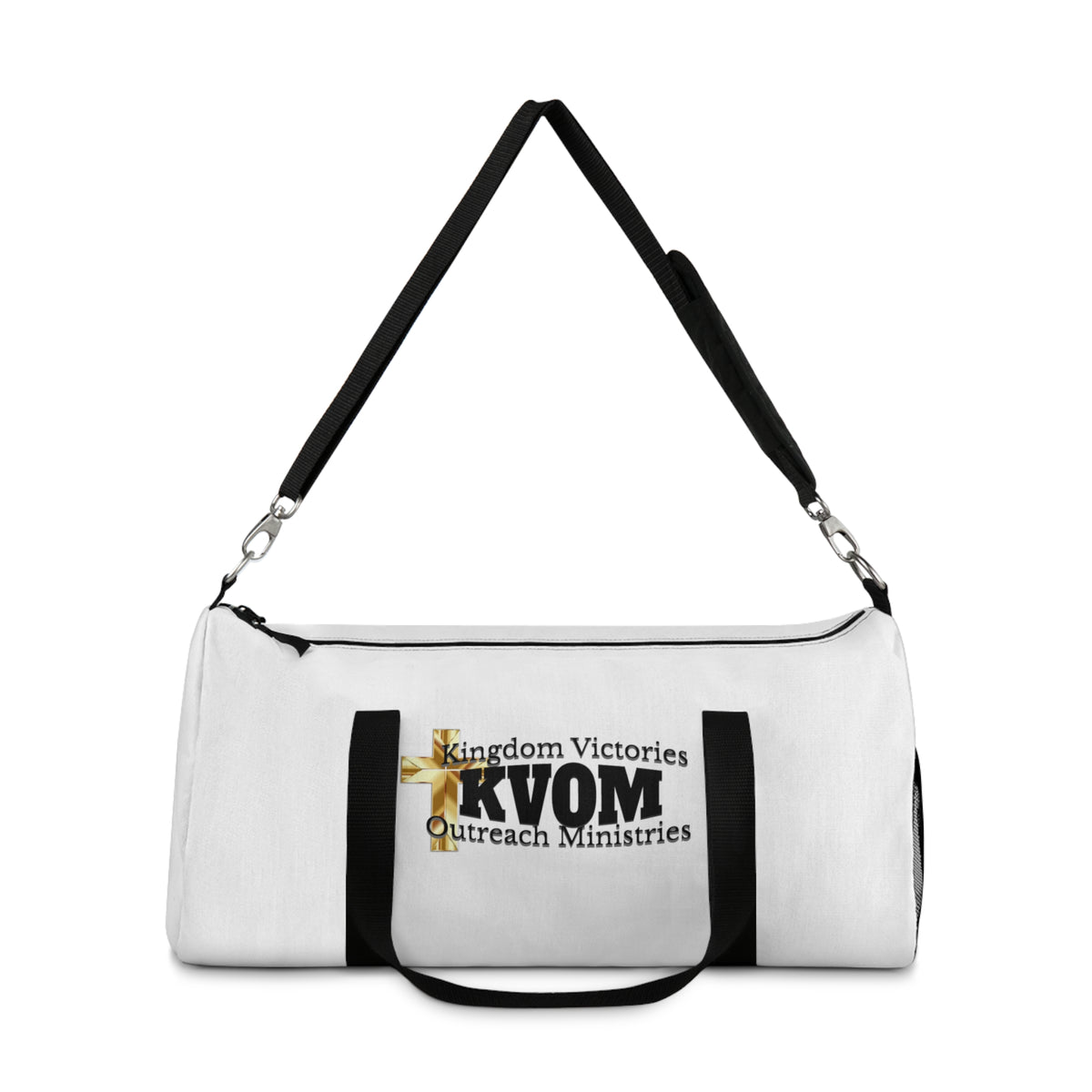 KVOM Logo Duffel Bag, White, Black Logo