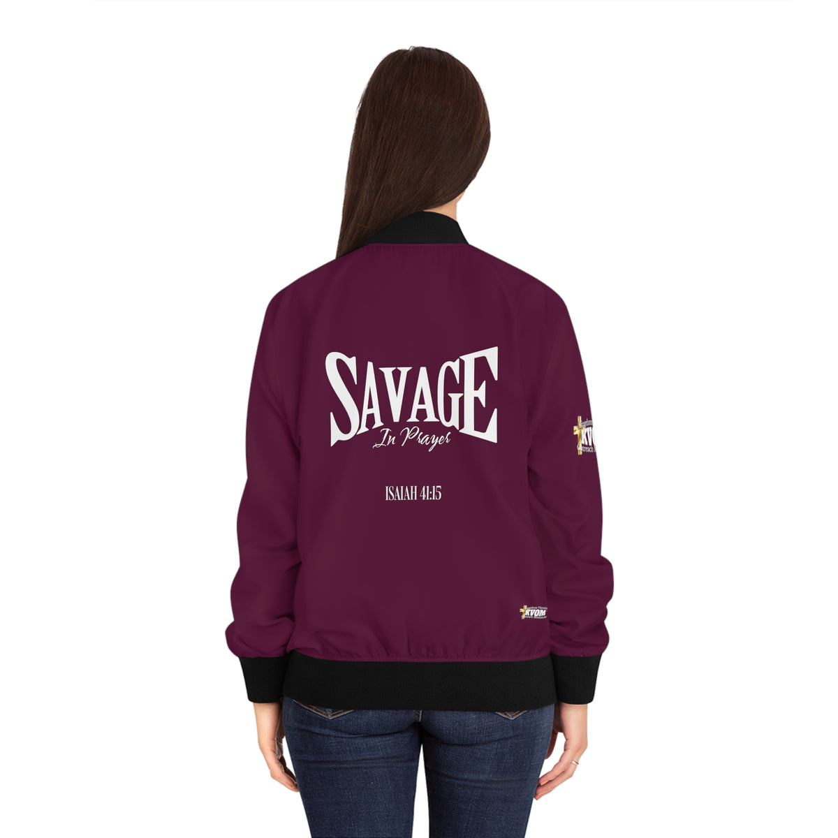 Savage in Prayer Women's Bomber Jacket, Maroon