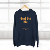 God Got Me Three-Panel Fleece Hoodie: Black, White, Gold Print